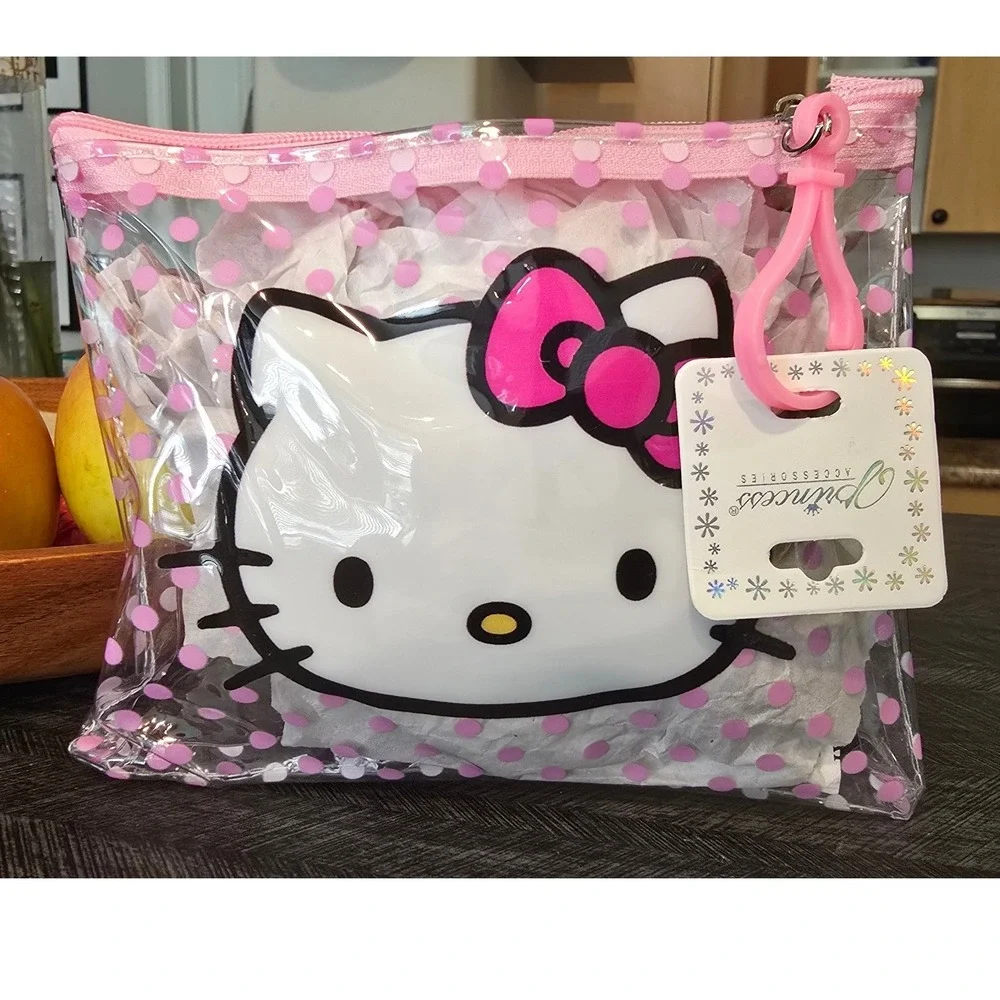 Hello Kitty Clear Pink Polka Dot Cosmetic Pouch Zipper Travel Makeup Bag Sanrio